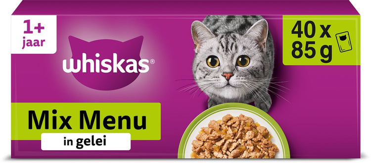 Whiskas „Mixed Menu“ Nassfutter für Katzen in Gelee – Rind, Huhn, Lachs, Thunfisch – 40 x 85 g