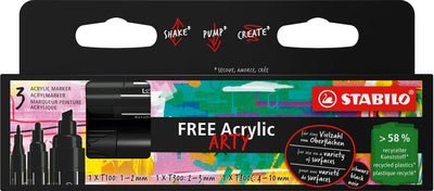 Stabilo free - Acrylmarker - gemischtes Spitzenset - schwarz - 3 verschiedene Spitzengrößen
