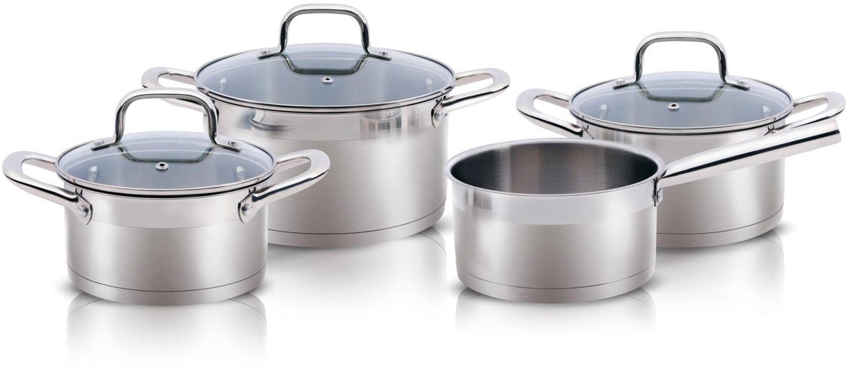 Alpina Induktions-Pfannenset 4-teilig – Kochtöpfe aus Edelstahl mit Glasdeckel – Kochtopf-Set für alle Herdarten geeignet – Kochtopf-Set – Töpfe und Pfannen-Set