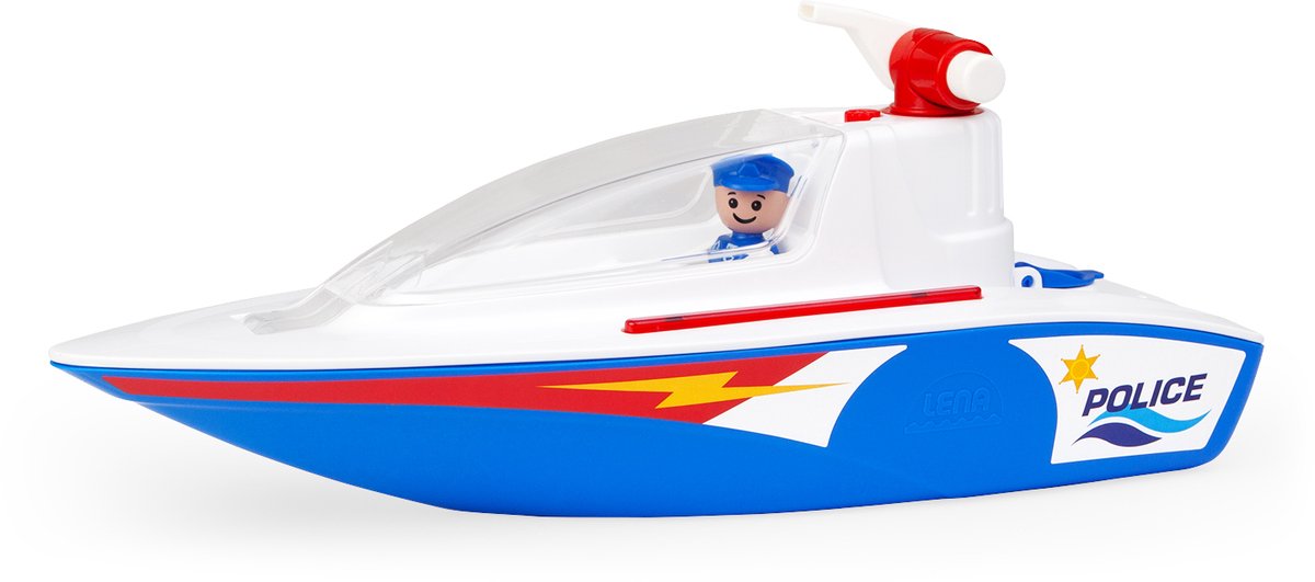 Spielzeug-Polizeiboot Lena mit Pumpe und Wassersprühfunktion.