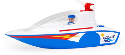 Spielzeug-Polizeiboot Lena mit Pumpe und Wassersprühfunktion.