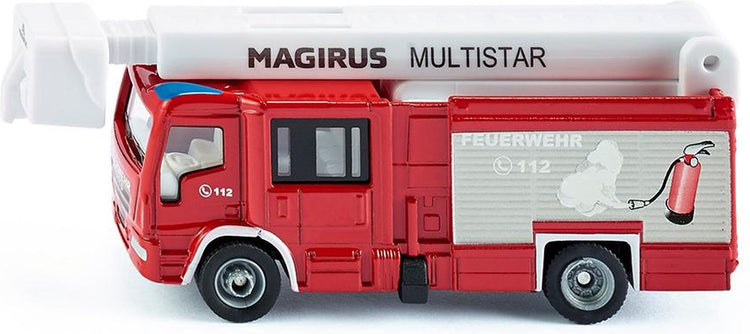 Siku 1749, Feuerwehrauto Magirus Multistar TLF mit Hubarbeitsbühne, 1:87, Metall Kunststoff, rot weiß, ausziehbare Leiter