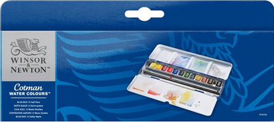 Winsor Newton Cotman Aquarell-Set, blaue Box, 12 halbe Näpfchen