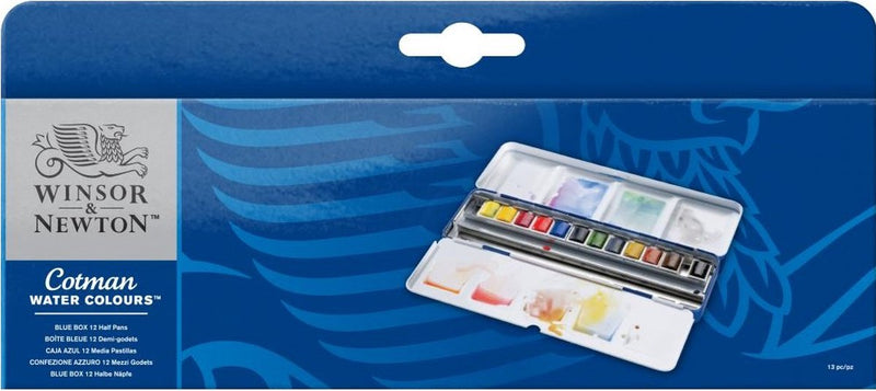 Winsor Newton Cotman Aquarell-Set, blaue Box, 12 halbe Näpfchen