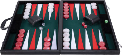 Engelhart Backgammon 21 Zoll – grün, rot und weiß eingelegtes Brett – luxuriöses schwarzes Gehäuse mit Griff –