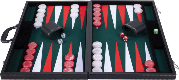Engelhart Backgammon 21 Zoll – grün, rot und weiß eingelegtes Brett – luxuriöses schwarzes Gehäuse mit Griff –