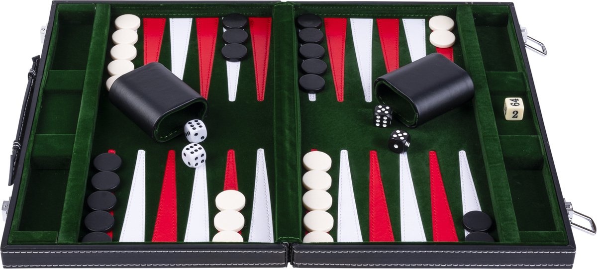 Longfield Backgammon 15 Zoll – grün, rot und weiß genähtes Brett – Kunstledertasche mit Griff – Engelsherz