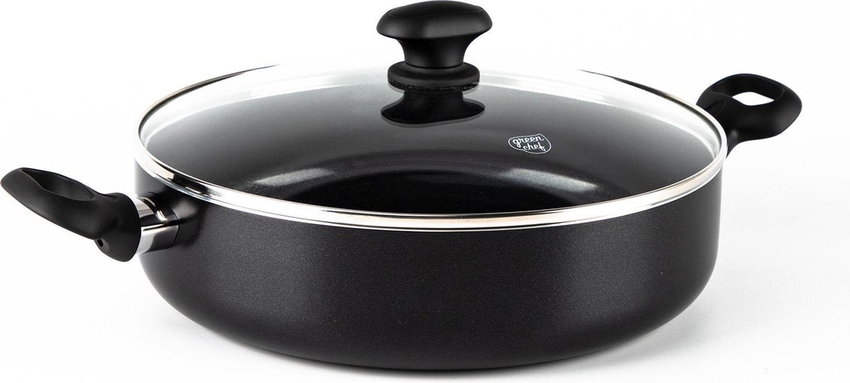 Greenchef Diamond Schmorpfanne 28 cm mit Deckel – 4,25 l – PFAS-freie Antihaftbeschichtung – Schmorpfanne Induktion – Keramikpfanne – ofenfest bis 160 °C – Kühlgriff – Glasdeckel – Schwarz