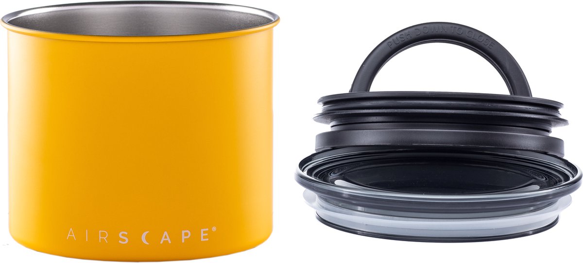 Planetendesign – Airscape – Kaffeebohnen – Vorratsgläser – Kanister – luftdicht – Vakuum – patentiertes System – Mattgelb – Kaffee – Stahl – Mattgelb – 250 Gramm