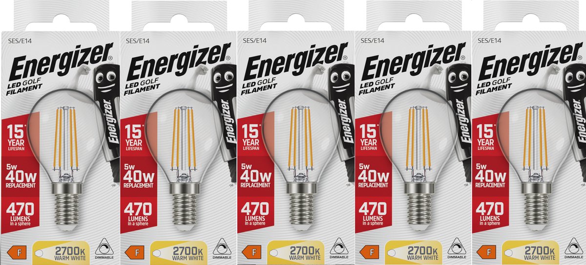Energizer energieeffiziente Filament-LED-Kugellampe – E14 – 5 Watt – warmweißes Licht – dimmbar – 5 Stück