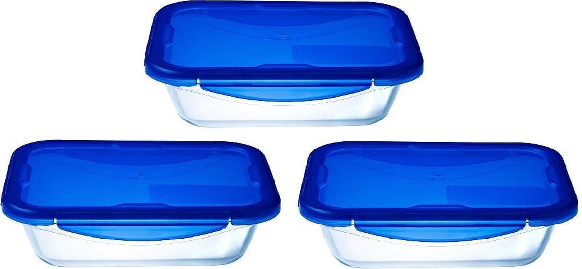 Pyrex - Cook Go Lunchbox mit Deckel 800 ml 3er-Set - transparent blau