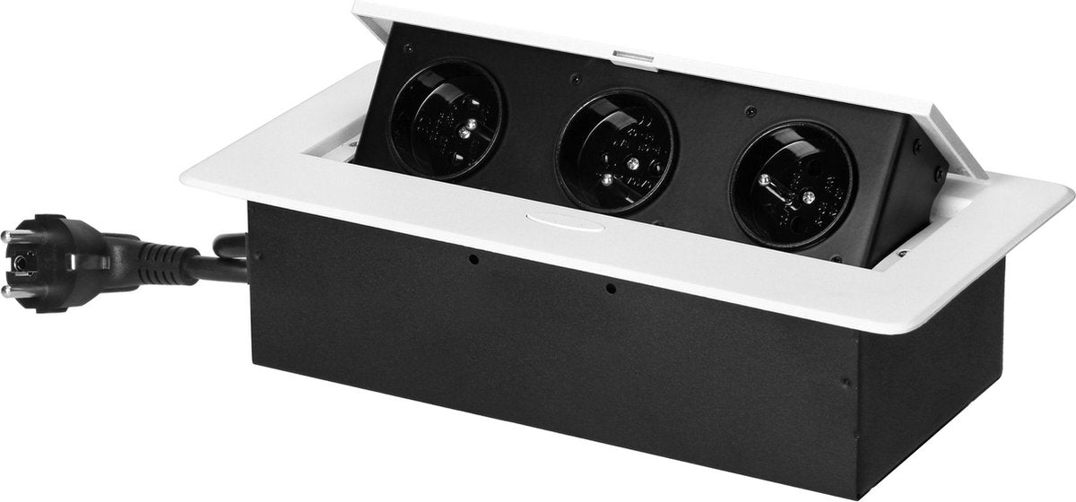 Orno Steckdosenleiste mit 3 Steckdosen – Pop-Up-Steckdosenleiste mit 1,5 Meter Kabel – Einbau-Verteilerstecker mit Edelstahl-Finish – Verteilerkasten 230 Volt – für max. 3680 Watt – Stifterde – weiß