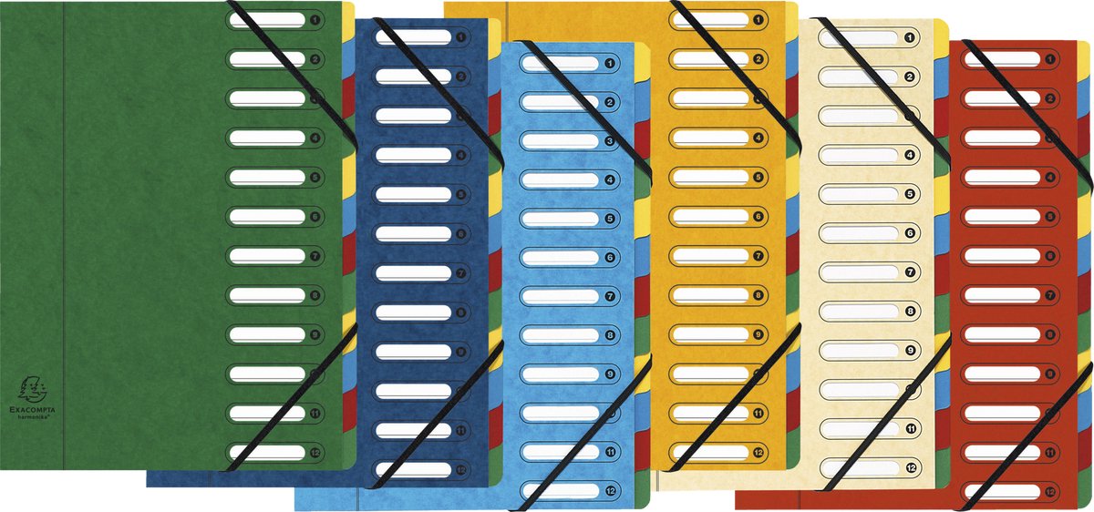 Exacompta 6x Sortiermappe harmonika® mit ausziehbarem Rücken und ausgeschnittenen Fenstern - 12 Unterteilungen - sortiert - 5312e