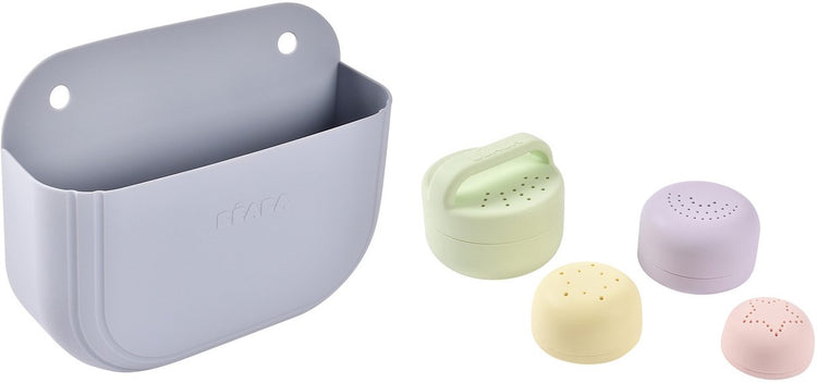 Béaba Badespielzeug-Set – 4-teilig + Aufbewahrungskorb – Silikon – ab 1 Jahr – für die Badewanne – Saugnäpfe
