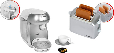 Klein Toys – Bosch Mini-Spielzeug-Frühstücksset – Tassimo-Kaffeemaschine – Toaster – silberfarben
