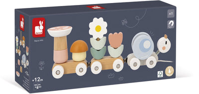 Janod süßer Kokon – Schneckeneisenbahn aus Holz – 2-in-1-Lernspielzeug zum Bauen und Ziehen – Entdecken Sie Formen und Farben – Ideal für die Entwicklung der motorischen Fähigkeiten der Kleinen – geeignet ab 1 Jahr