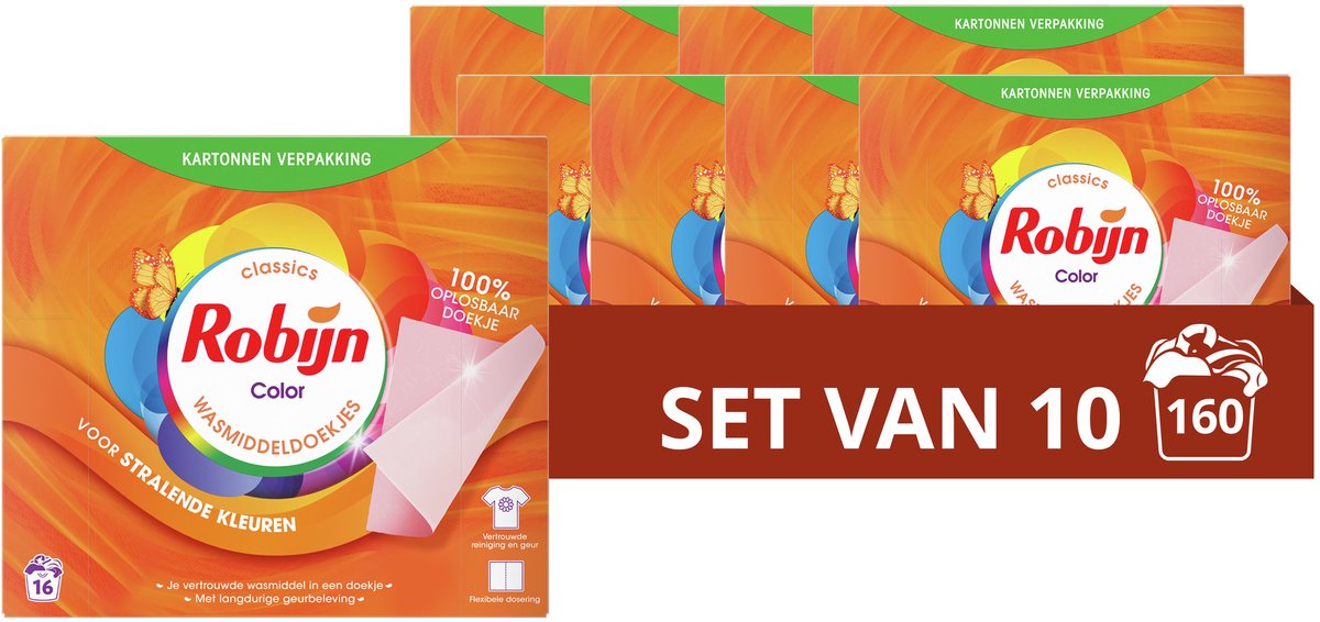 Robijn – Reinigungstücher – Farbe – 100 % lösliche Tücher in einer Kartonverpackung – 160 Waschstreifen