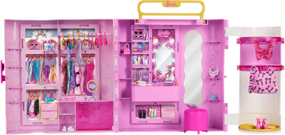 Barbie-Garderobe mit Spin-Style-Funktion – Schminktisch, Ottomane, 4 Outfits, über 20 Teile und tragbare Aufbewahrung