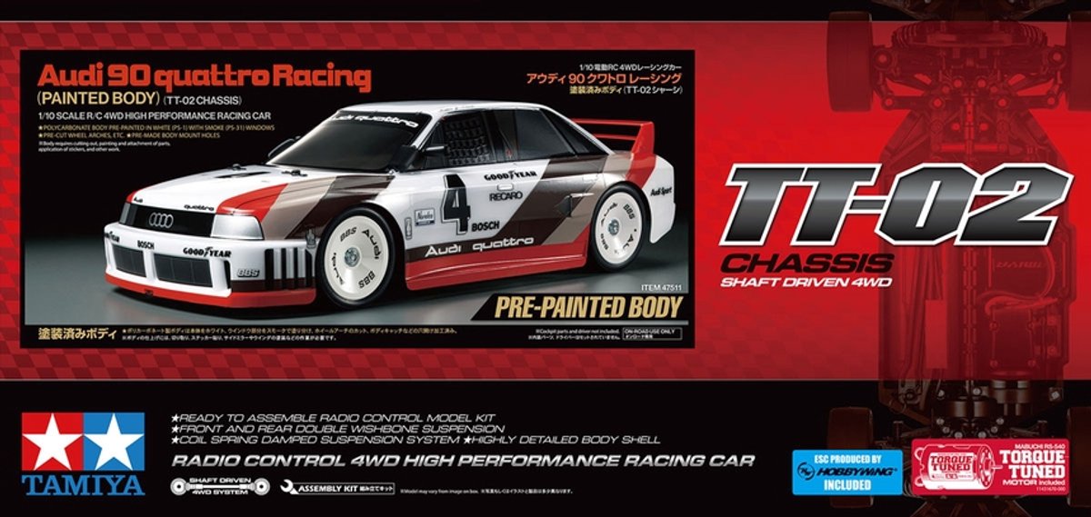 Tamiya Modellbausatzauto – 47511 RC-Auto – Audi 90 quattro Racing – TT-02 – vorlackierte Karosserie aus RC-Kunststoff – 1:10 – Modellbausatz