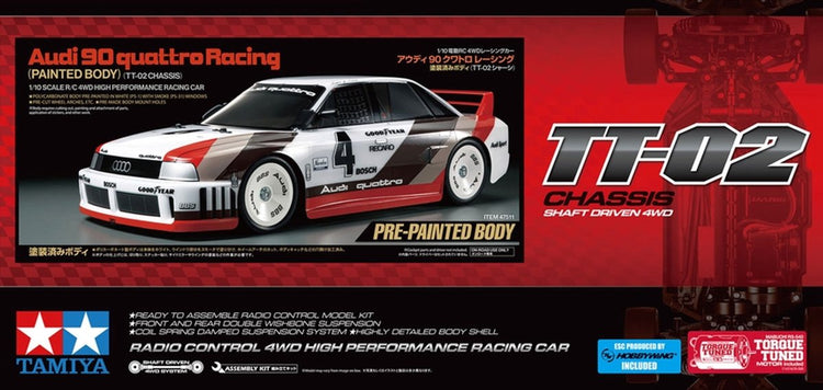 Tamiya Modellbausatzauto – 47511 RC-Auto – Audi 90 quattro Racing – TT-02 – vorlackierte Karosserie aus RC-Kunststoff – 1:10 – Modellbausatz