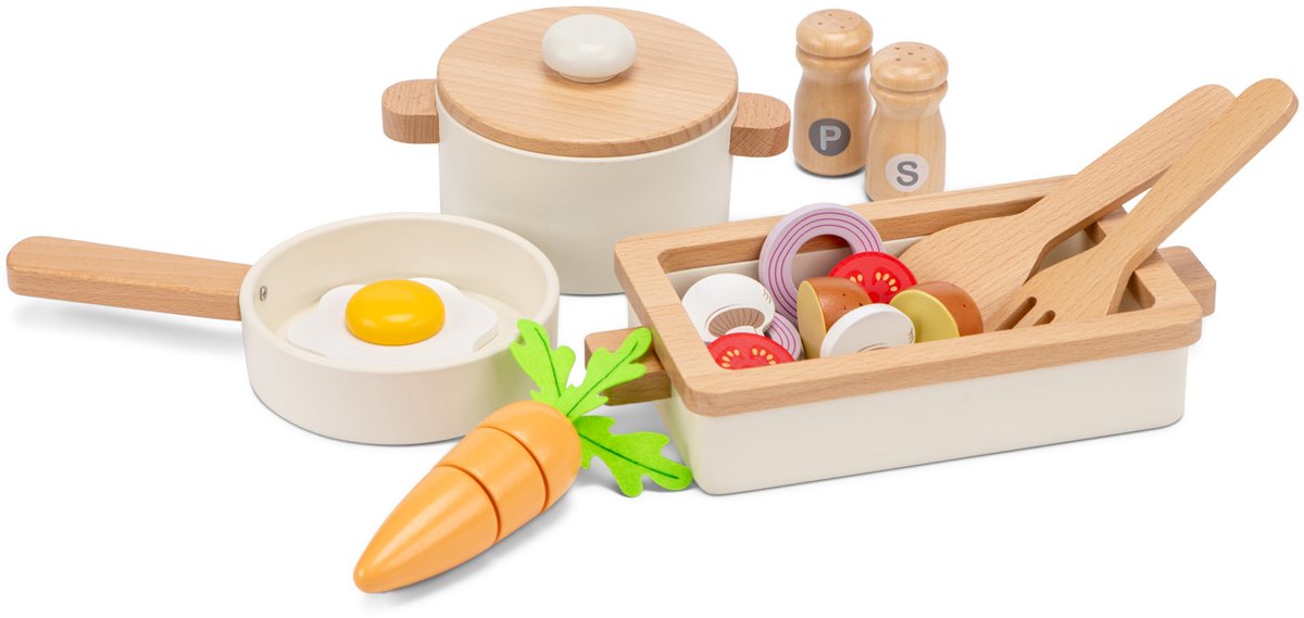 Woet® Pfannenset aus Holz mit Backform weiß – 20-teiliges Set mit Gemüse und Kochutensilien – Spielzeugküchenset – Spielzeugküchenzubehör für Kinder – Rollenspielküchenspielzeug – ab 24 Monaten