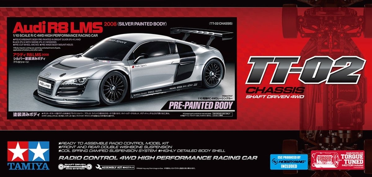 Tamiya Modellbausatzauto – 47517 RC-Auto – Audi R8 LMS 2008 – TT02 – silber lackierte Karosserie aus RC-Kunststoff – 1:10 – Modellbau