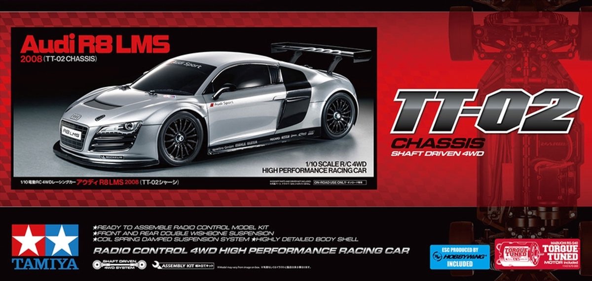 Tamiya Modellbausatzauto – 58749 RC-Auto – Audi R8 LMS 2008 – TT-02 RC Kunststoff – 1:10 – Modellbau