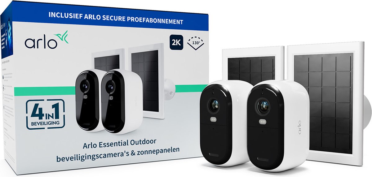 Drahtlose Arlo Essential 2K-Überwachungskamera für den Außenbereich und Solarmodule – 2 Kameras, 2 Solarmodule
