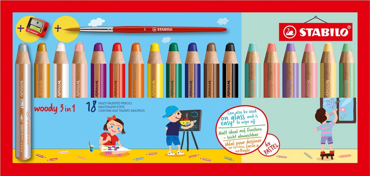 Stabilo Woody 3 in 1 – Multitalent-Bleistift – Etui mit 18 Farben + Spitzer
