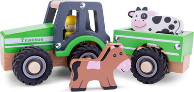Woet® Holztraktor mit Anhänger – inklusive 2 Bauernhoftieren – grün – Lernspielzeugfahrzeug – Rollenspielspielzeug – ab 18 Monaten