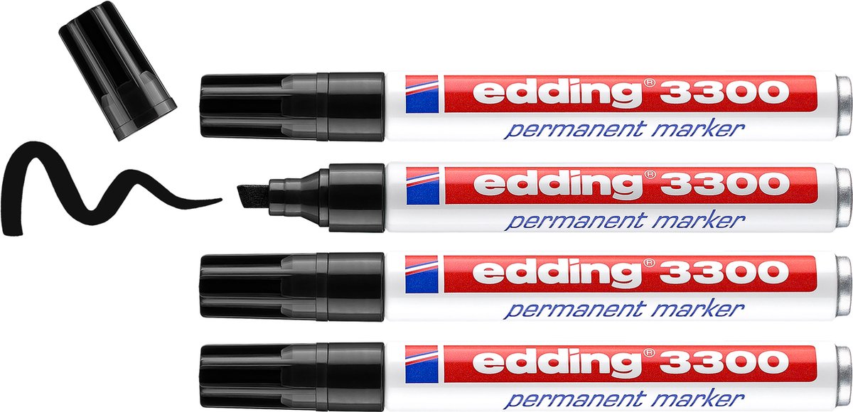 Edding 3300 Permanentmarker – Schwarz – 4 Marker – Keilspitze 1–5 mm – wasser- und abriebfest – für Pappe, Kunststoff, Holz, Metall usw. – Alkoholmarker für Erwachsene