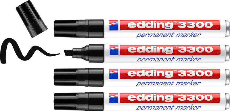 Edding 3300 Permanentmarker – Schwarz – 4 Marker – Keilspitze 1–5 mm – wasser- und abriebfest – für Pappe, Kunststoff, Holz, Metall usw. – Alkoholmarker für Erwachsene