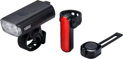 BBB Cycling Strike Duo 1400i Combo Vorderlicht-Rücklicht-Set – mit Fernbedienung – 1400 Lumen – wiederaufladbar über USB – IPX4 regenfest – Fahrradbeleuchtung, Rennrad, Mountainbike – BLS-275i