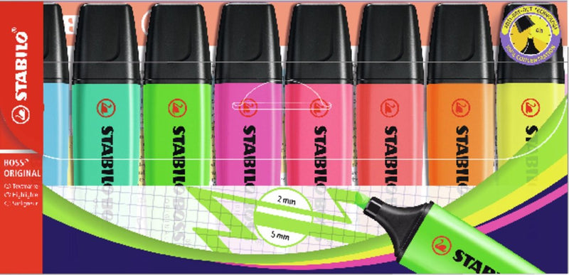 Abi-Textmarker SLO Boss Original, nachfüllbar, 2–5 mm, sortiert, 8er-Pack, abgeschrägte Spitze