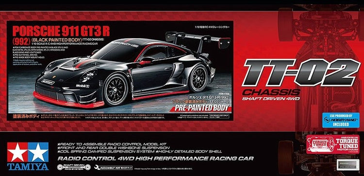 Tamiya Modellbausatzauto – 47512 RC-Auto – Porsche 911 GT3 R (992) – TT-02 – vorlackierte Karosserie aus RC-Kunststoff – 1:10 – Modellbau