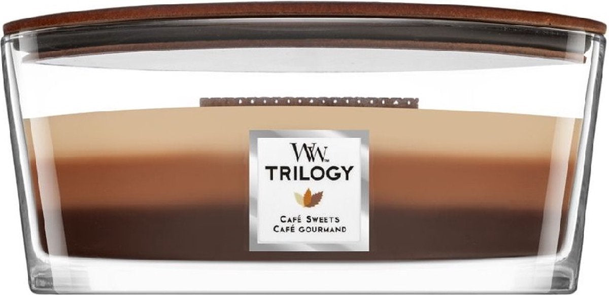 Woodwick Heartwick Flame Trilogy Ellipse-Duftkerze – Café-Süßigkeiten – 50 Brennstunden