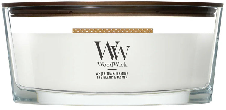 Woodwick Heartwick Flame Ellipse Duftkerze – Weißer Tee Jasmin – 50 Brennstunden