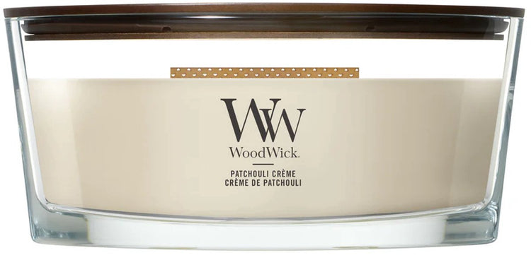 Woodwick Hearthwick Flame Ellipse Duftkerze – Patschuli-Creme – 50 Brennstunden