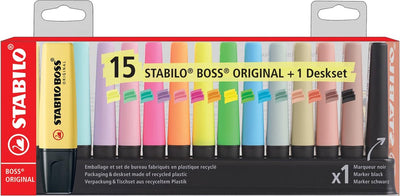 Stabilo Boss Original – Textmarker – Neon-, Pastell-Naturfarben – Schreibtischset mit 15 Farben