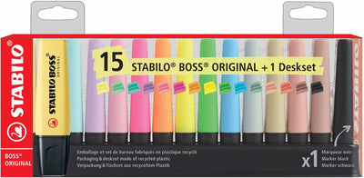 Stabilo Boss Original – Textmarker – Neon-, Pastell-Naturfarben – Schreibtischset mit 15 Farben