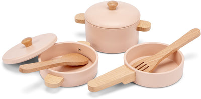 Woet® Holz-Pfannenset rosa – 7-teiliges Set mit Kochutensilien – Spielzeug-Küchenset – Spielzeug-Küchenzubehör für Kinder – Rollenspiel-Küchenspielzeug – ab 2 Jahren