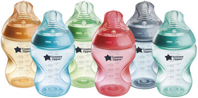 Tommee Tippee Natural Start Babyflaschen, Set mit 6 x 260 ml Babyflaschen – niedrige Fördergeschwindigkeit 0 m+ – bunt