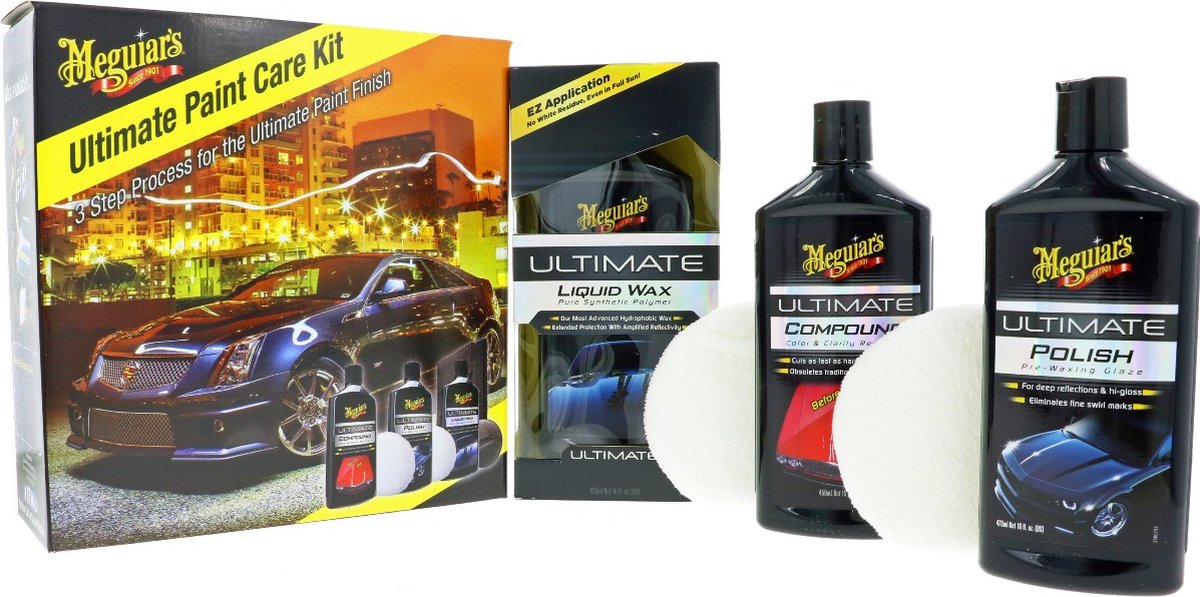 Meguiar's Meguiar's Ultimate Paint Care Kit – 3-stufiges Lackreparaturset – inklusive Compound, Politur, flüssigem Wachs – hydrophober Spiegelglanzschutz