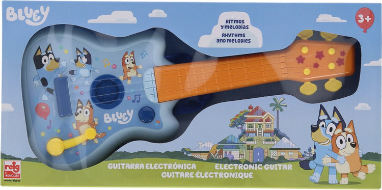 Bläuliche E-Gitarre – mit 4 Saiten, Verstärker und Soundeffekten