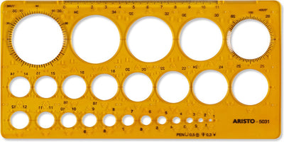 Aristo-Kreisschablone – Abmessungen 200 x 100 mm – Durchmesser 1 bis 36 mm – 25 Kreise – orange transparent – AR-5031