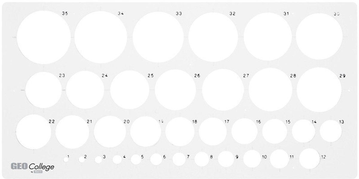 Aristo Kreisschablone – Geocollege – Maße 350 x 130 mm – Durchmesser 1 bis 36 mm – 35 Kreise – grau transparent – AR-23319