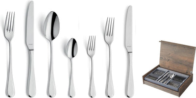 Amefa Drift – 84-teilig für 12 Personen – Besteckset mit luxuriöser Holzbox – Silber – Edelstahl – spülmaschinenfest – 18 10 – 12 Personen