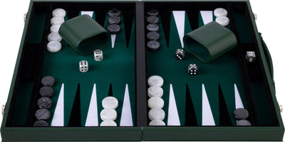 Longfield Backgammon 15 Zoll – grün, schwarz und weiß eingelegtes Brett – luxuriöses grünes Gehäuse mit Griff – Engelsherz