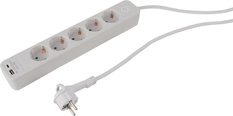 Q-Link-Steckdosenleiste – 5-fach – geerdet – mit Flachstecker – USB A C – 3 x 1,5 mm² – 1,5 m – weiß