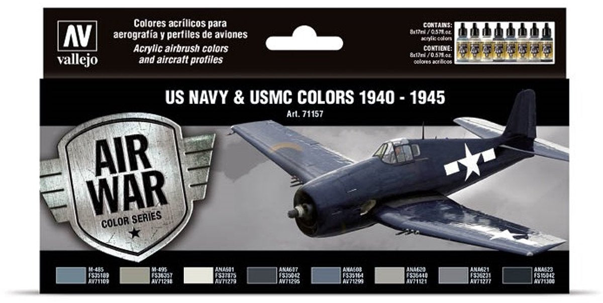 Vallejo Hobby Paint Acrylfarbe – 71157 US Navy – USMC-Farben 1940–1945 – Modellluft – Acryl-Set – 8 x Farbset – 8 x 18 ml